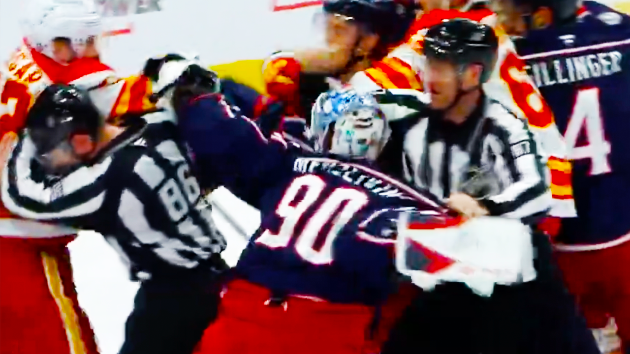 Elvis Merzlikins MacKenzie Weegar Fight | Calgary Flames vs Columbus Blue Jackets 2024 NHL Highlights