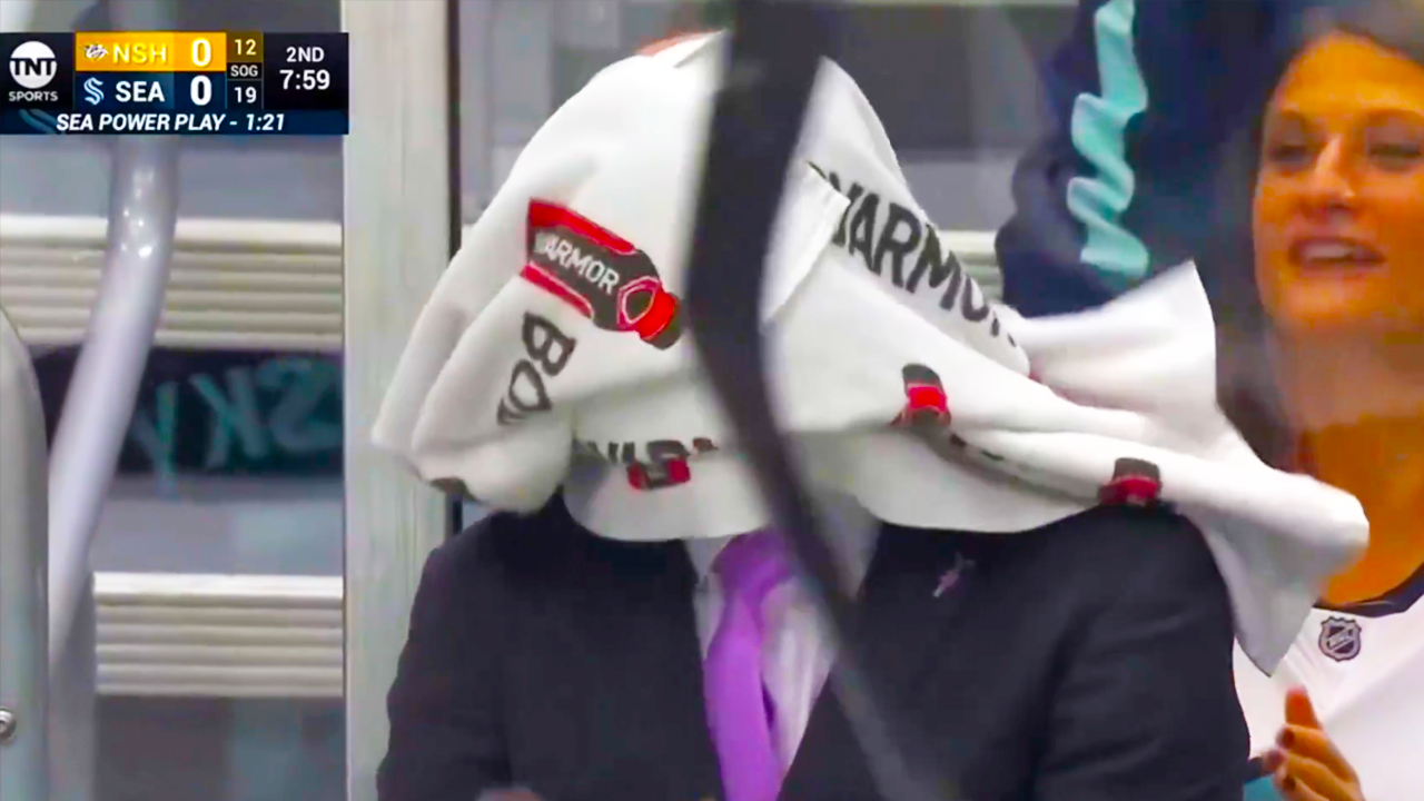 Jaden Schwartz Throws Towel onto Dan Bylsma’s Head | Kraken vs Predators 2024 NHL Highlights