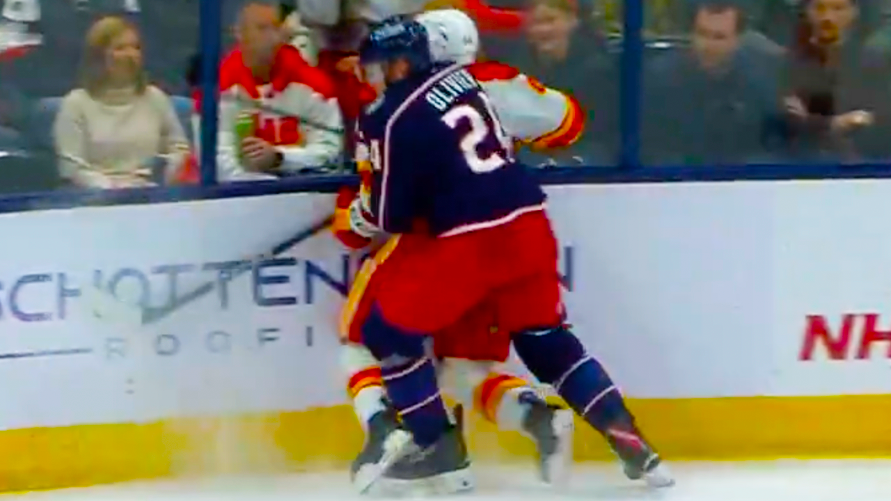 Mathieu Olivier Hit on Joel Hanley | Calgary Flames vs Columbus Blue Jackets 2024 NHL Highlights