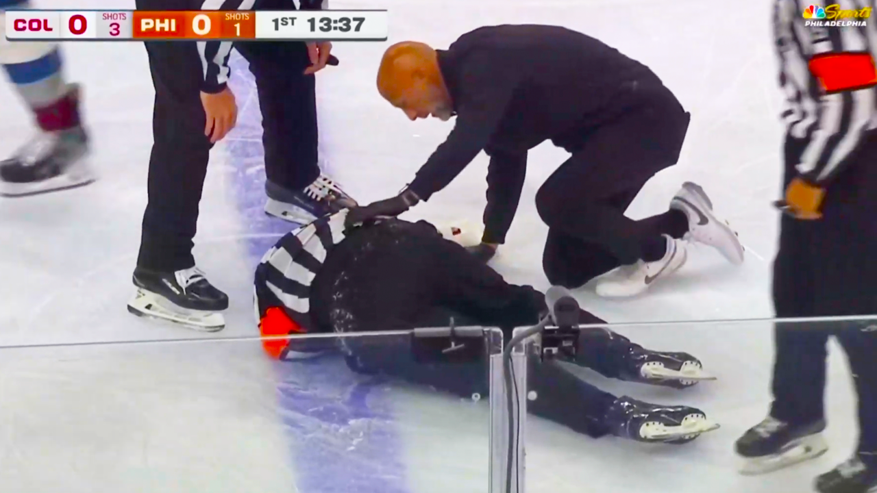 Referee Mitch Dunning Stretchered Off Ice After Collision With Josh Manson | Avalanche vs Flyers 2024 NHL Highlights