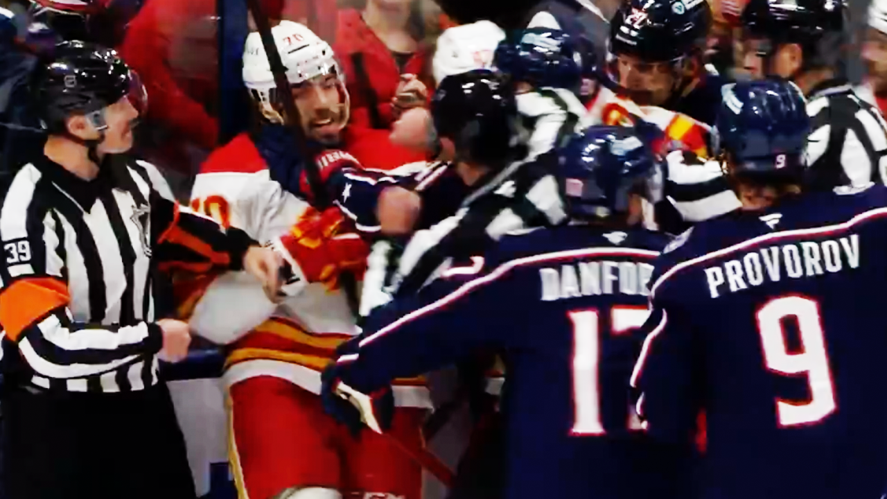 Ryan Lomberg Mathieu Olivier Fight Scrum | Calgary Flames vs Columbus Blue Jackets 2024 NHL Highlights