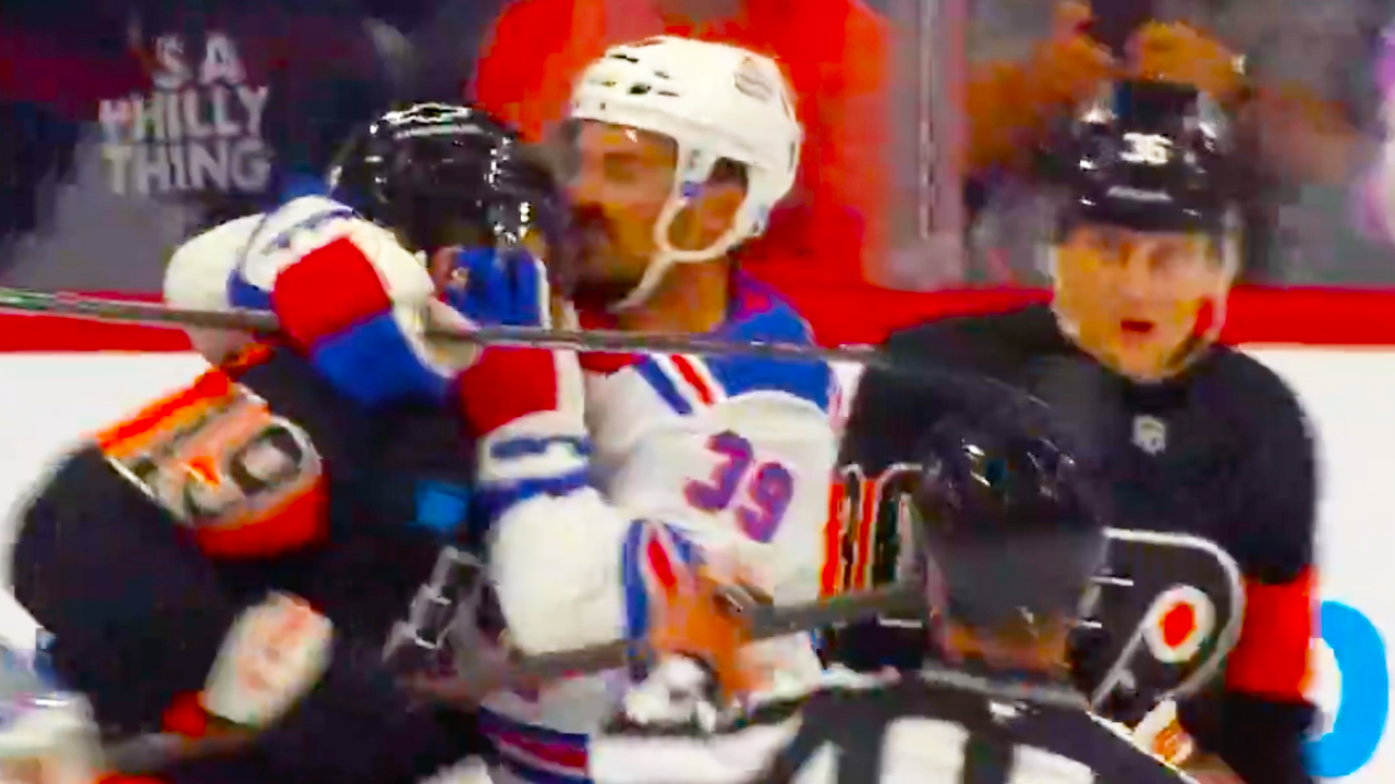 Sam Carrick Garnet Hathaway Fight Scrum | New York Rangers vs Philadelphia Flyers 2024 NHL Highlights