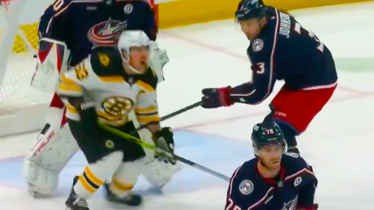 Brad Marchand chop to privates from Jack Johnson, puck to ass from Mason Lohrei | Boston Bruins vs Columbus Blue Jackets 2024 NHL Highlights