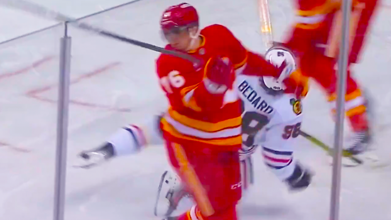 Martin Pospisil Hit on Connor Bedard | Calgary Flames vs Chicago Blackhawks 2024 NHL Highlights