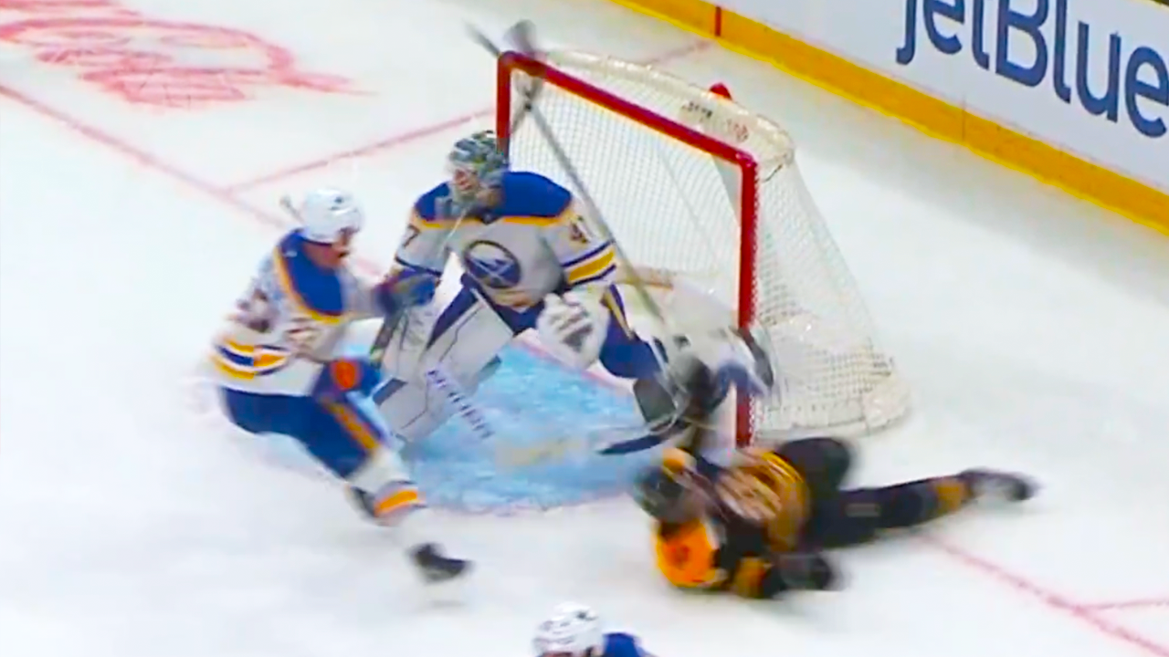 Mattias Samuelsson knocks Justin Brazeau down into his own goalie and the Bruins score what proves to be the game winning goal | Buffalo Sabres vs Boston Bruins