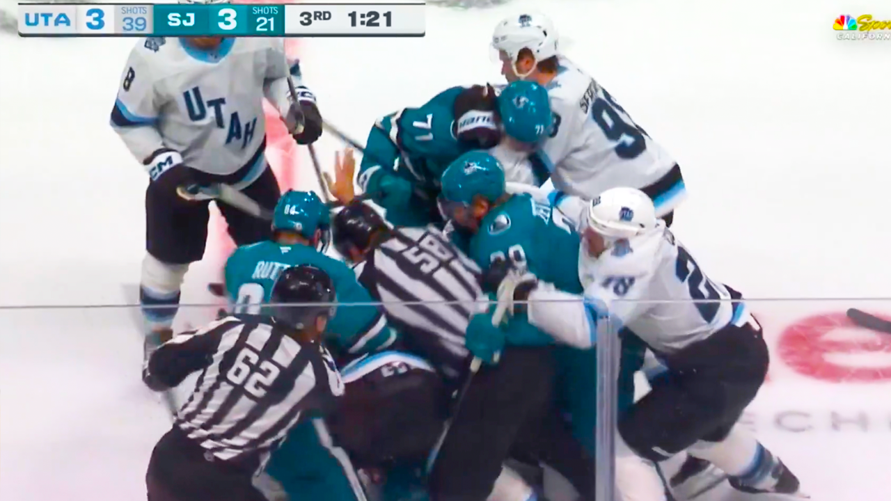 William Eklund, Logan Cooley, Macklin Celebrini, Mario Ferraro, Jack McBain Fight | San Jose Sharks vs Utah Hockey Club 2024 NHL Highlights