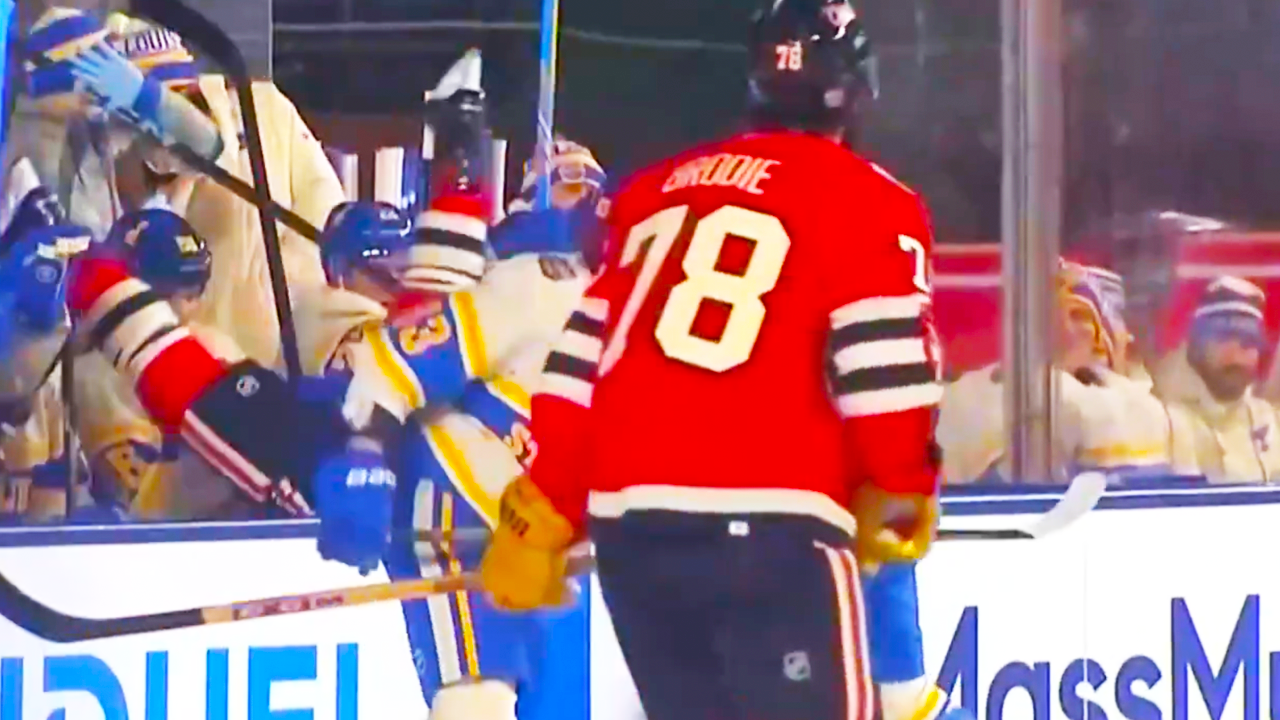 Zach Bolduc Hit Taylor Hall into the Blues Bench | Chicago Blackhawks vs St Louis Blues 2025 Winter Classic Highlights