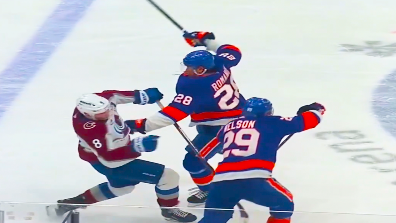 Alexander Romanov Hit on Cale Makar | Colorado Avalanche vs New York Islanders 2025 NHL Highlights