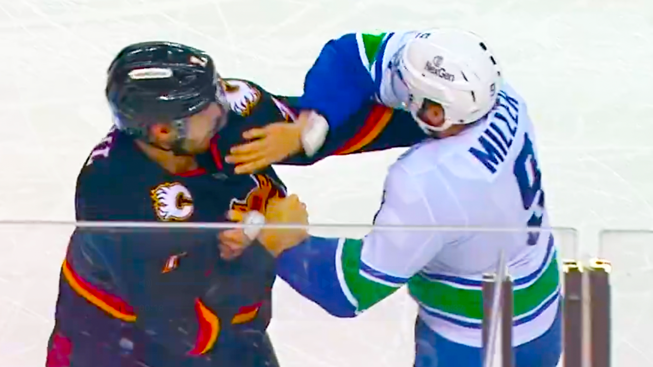 J.T. Miller Kevin Bahl Fight | Vancouver Canucks vs Calgary Flames 2024 NHL Highlights