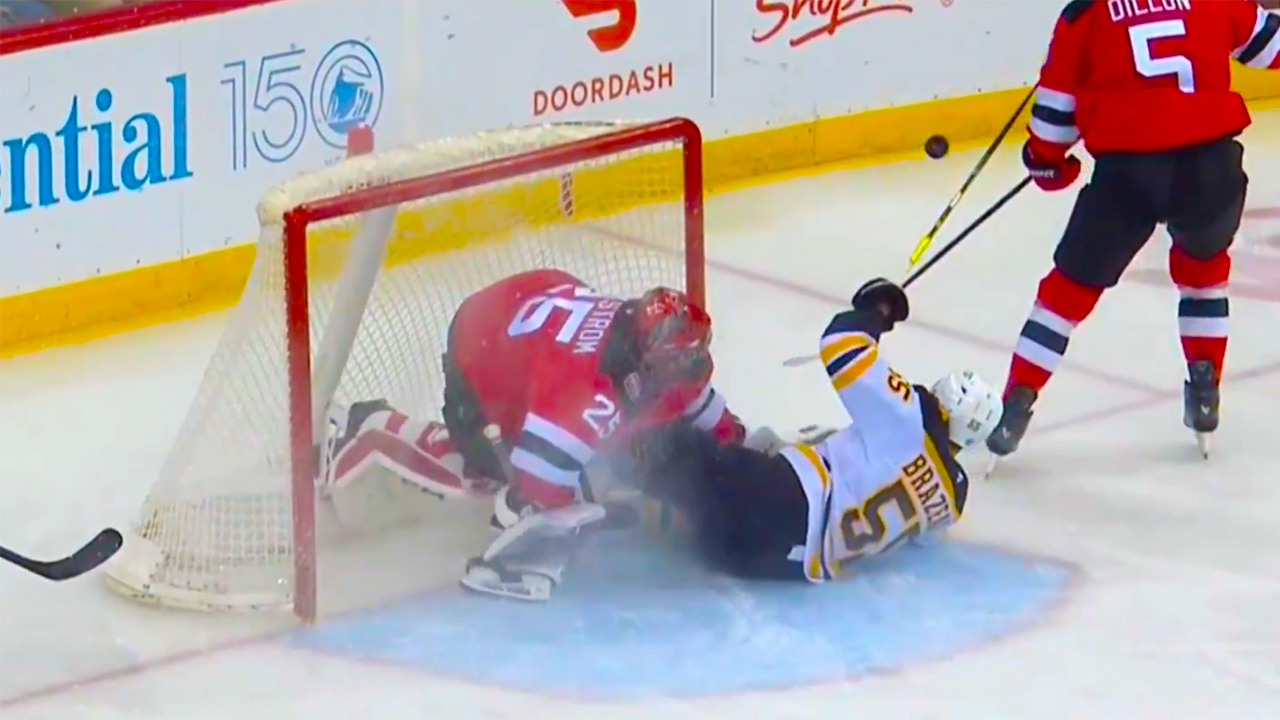 Justin Brazeau crashes into Jacob Markstrom Injury | New Jersey Devils vs Boston Bruins 2025 NHL Highlights