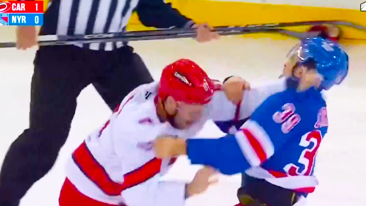 Riley Stillman Sam Carrick Fight | New York Rangers vs Carolina Hurricanes 2025 NHL Highlights