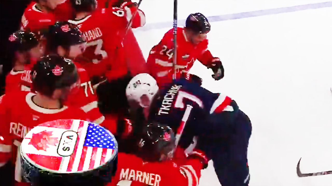 Brady Tkachuk getting tossed around near Canada’s bench | Team USA vs Team Canada 4 Nations Face Off 2025 NHL Highlights