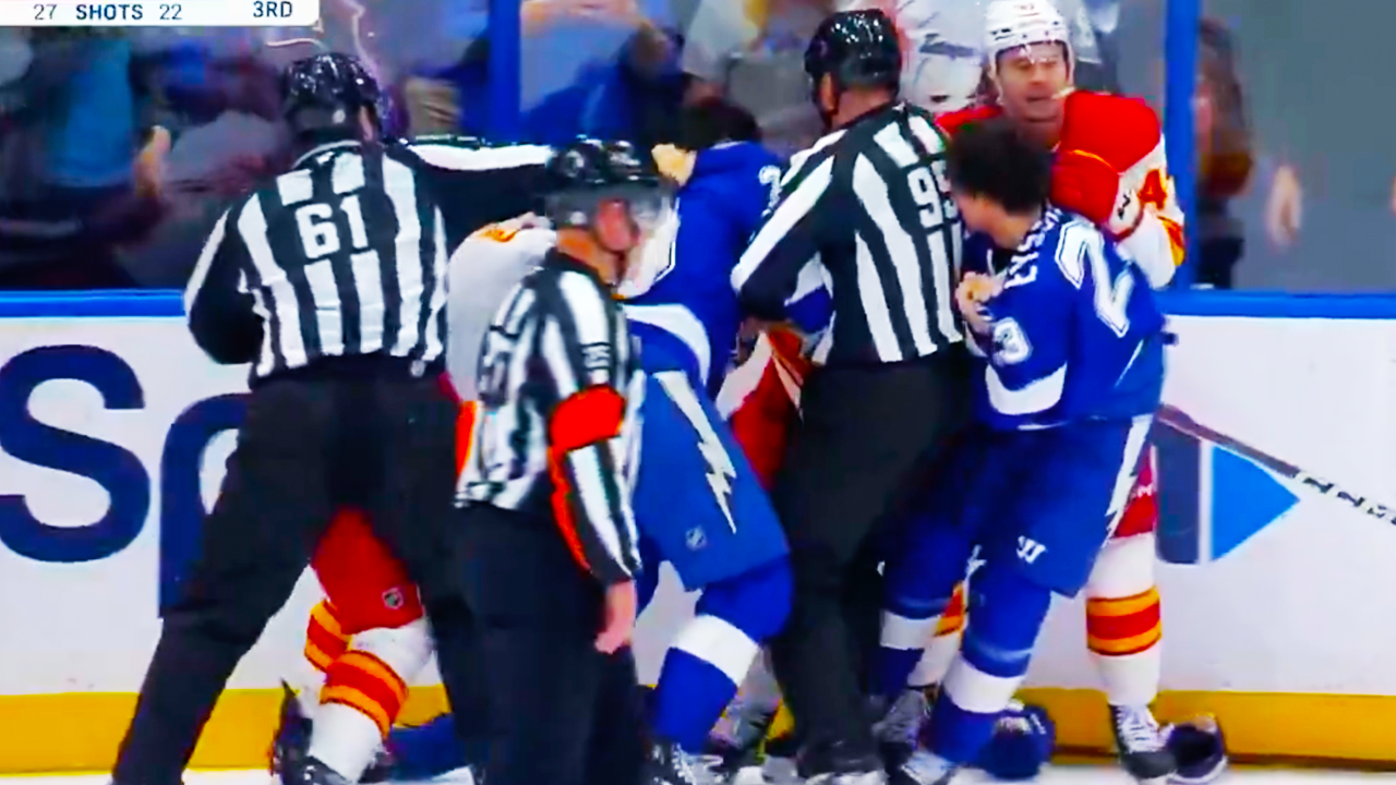 Joel Hanley Michael Eyssimont Fight Scrum | Calgary Flames vs Tampa Bay Lightning 2025 NHL Highlights