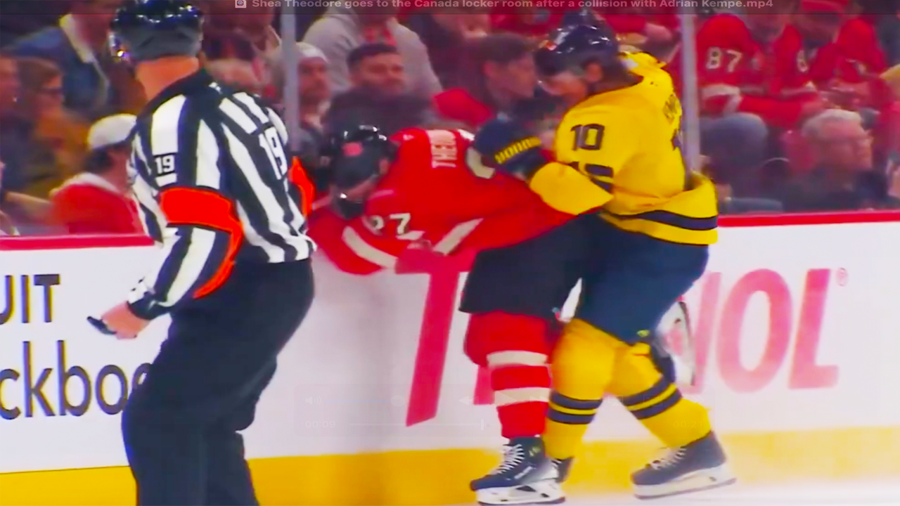Shea Theodore Injury Collision with Adrian Kempe | Canada vs Sweden 4 Nations Face Off Highlights