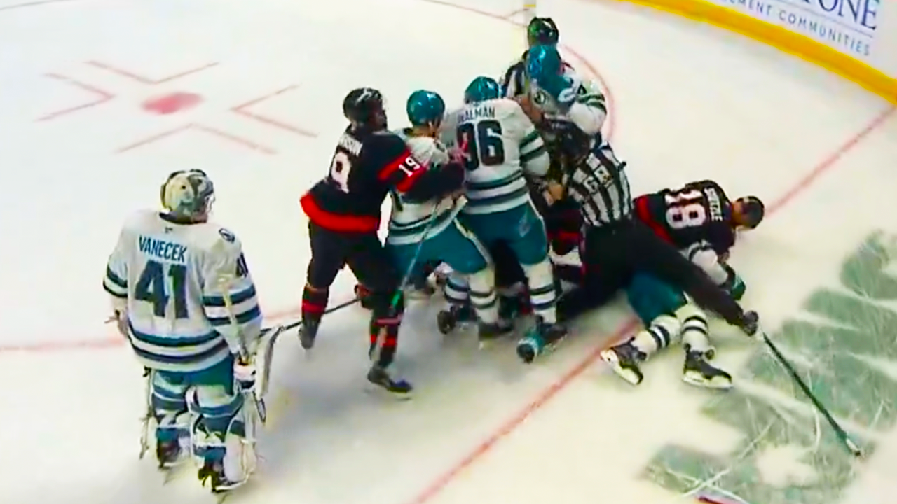 Brady Tkachuk, Jake Walman, Vitek Vanecek Fight | San Jose Sharks vs Ottawa Senators 2025 NHL Highlights