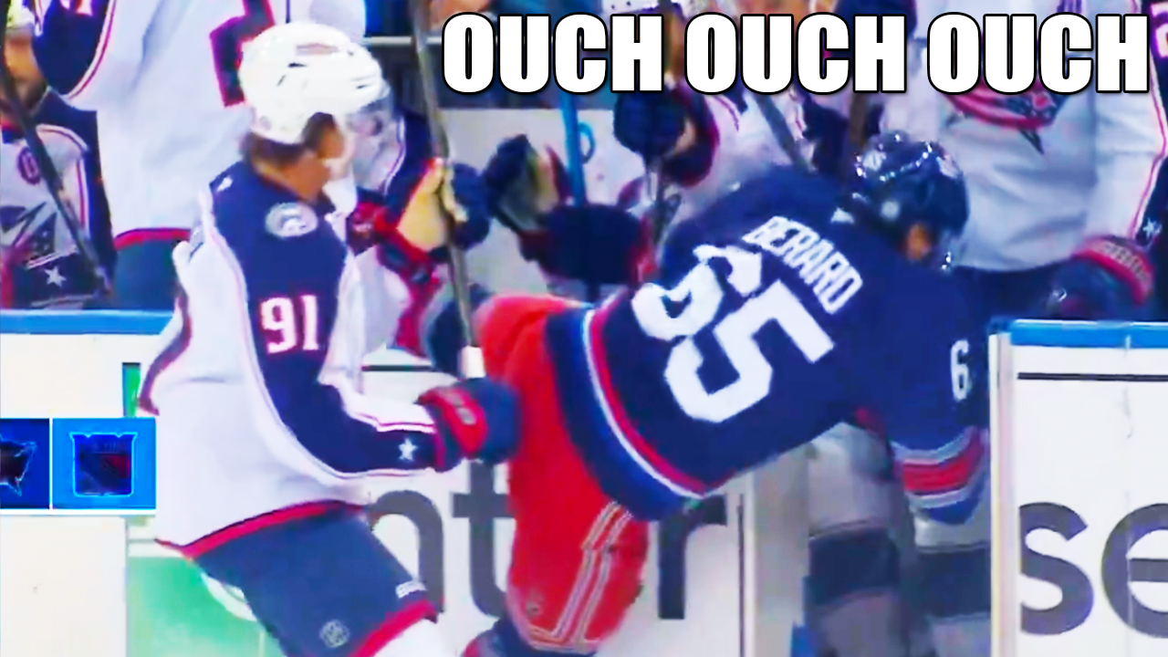 Kent Johnson Hit on Brett Berard Injury into Bench Door | New York Rangers vs Columbus Blue Jackets 2025 NHL Highlights