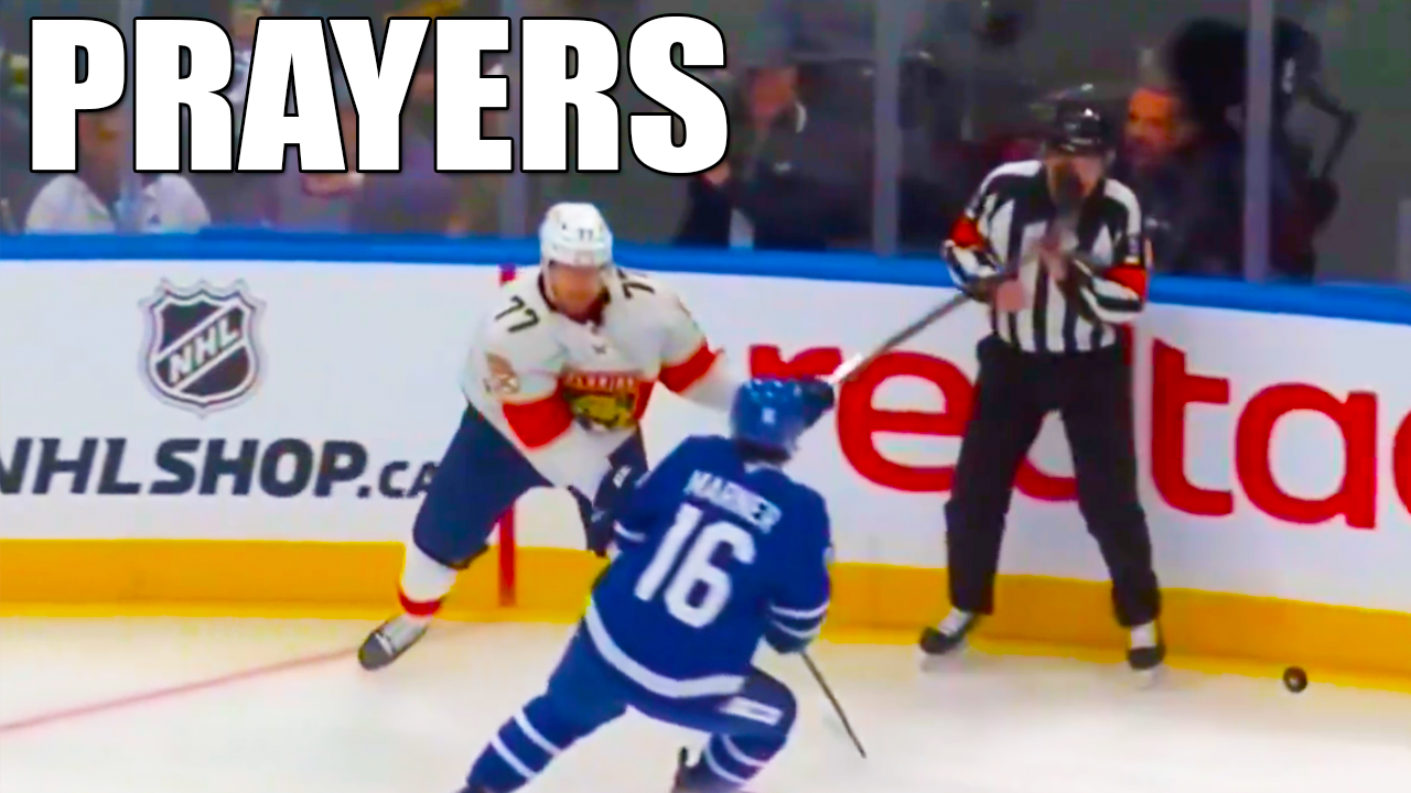 Referee Chris Rooney took a follow-through from Niko Mikkola and needed help getting off the ice | Florida Panthers vs Toronto Maple Leafs 2025 NHL Playoffs Highlights
