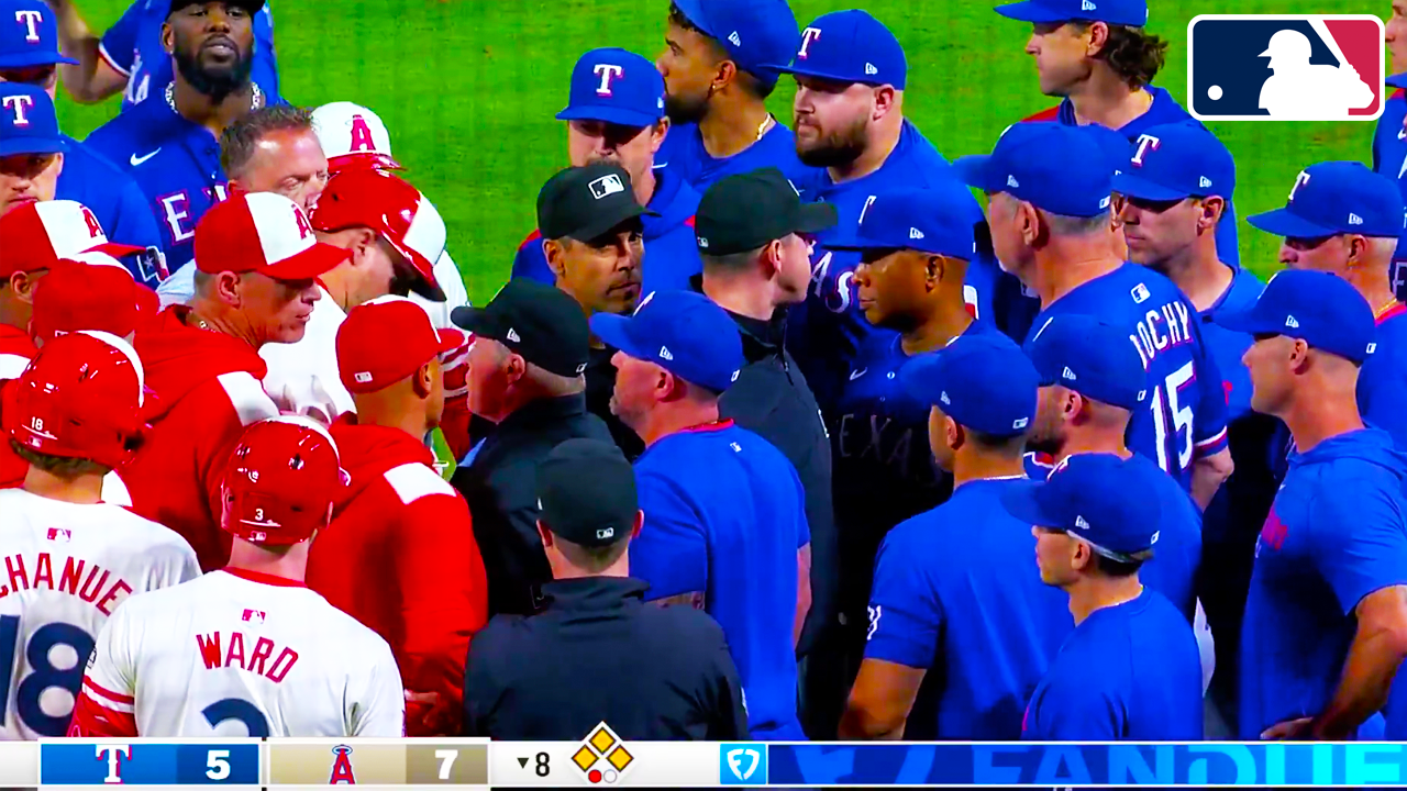 Benches clear in Anaheim after Mike Trout is the 4th Angel to get hit by a pitch tonight | Angels vs Rangers 2025 MLB Highlights