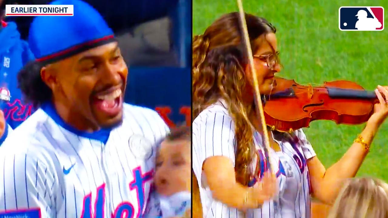Francisco Lindor’s wife Katia plays national anthem on violin | Mets vs Padres 2025 MLB Highlights