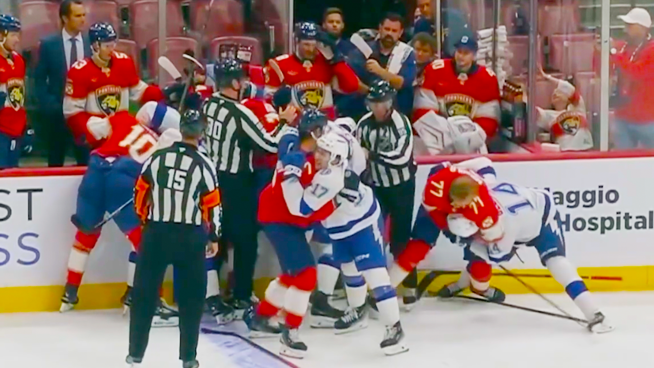 A.J. Greer Misconduct Against Jack Finley 2nd Period Fight Scrum | Panthers vs Lightning 2025 NHL Pre-Season Highlights