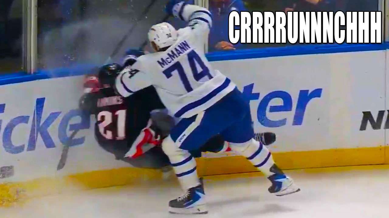 Bobby McMann HUGE Hit into boards on Conor Timmins | Sabres vs Maple Leafs 2025 Highlights