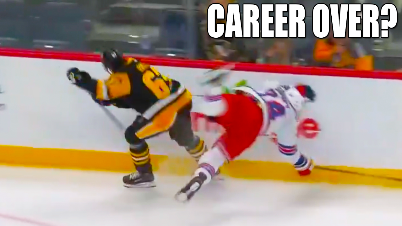 Carson Soucy Injury collision with Rickard Rakell left the ice without assistance | Rangers vs Penguins 2025 NHL Highlights