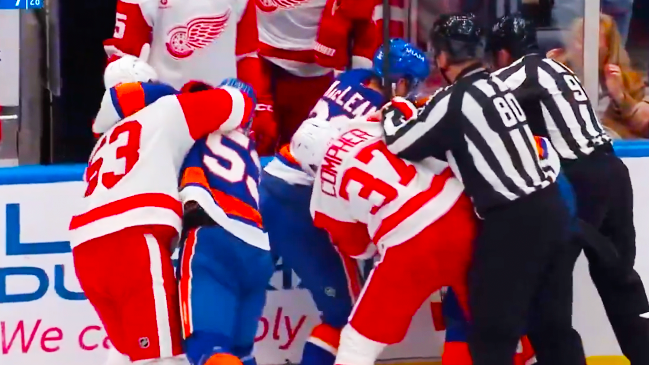 Matthew Schaefer Mason Appleton Fight Scrum Third Period | Red Wings vs Islanders 2025 Highlights