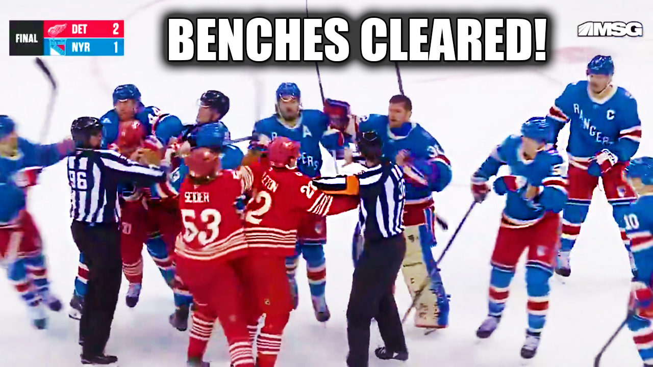 Mason Appleton Jonathan Quick Fight Scrum Benches Clear | Rangers vs Red Wings 2025 Highlights