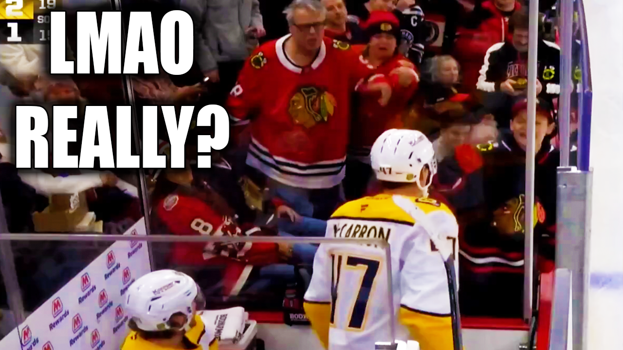 Michael McCarron arguing with young Blackhawks fans next to the penalty box | Predators v Blackhawks 2025 Highlights
