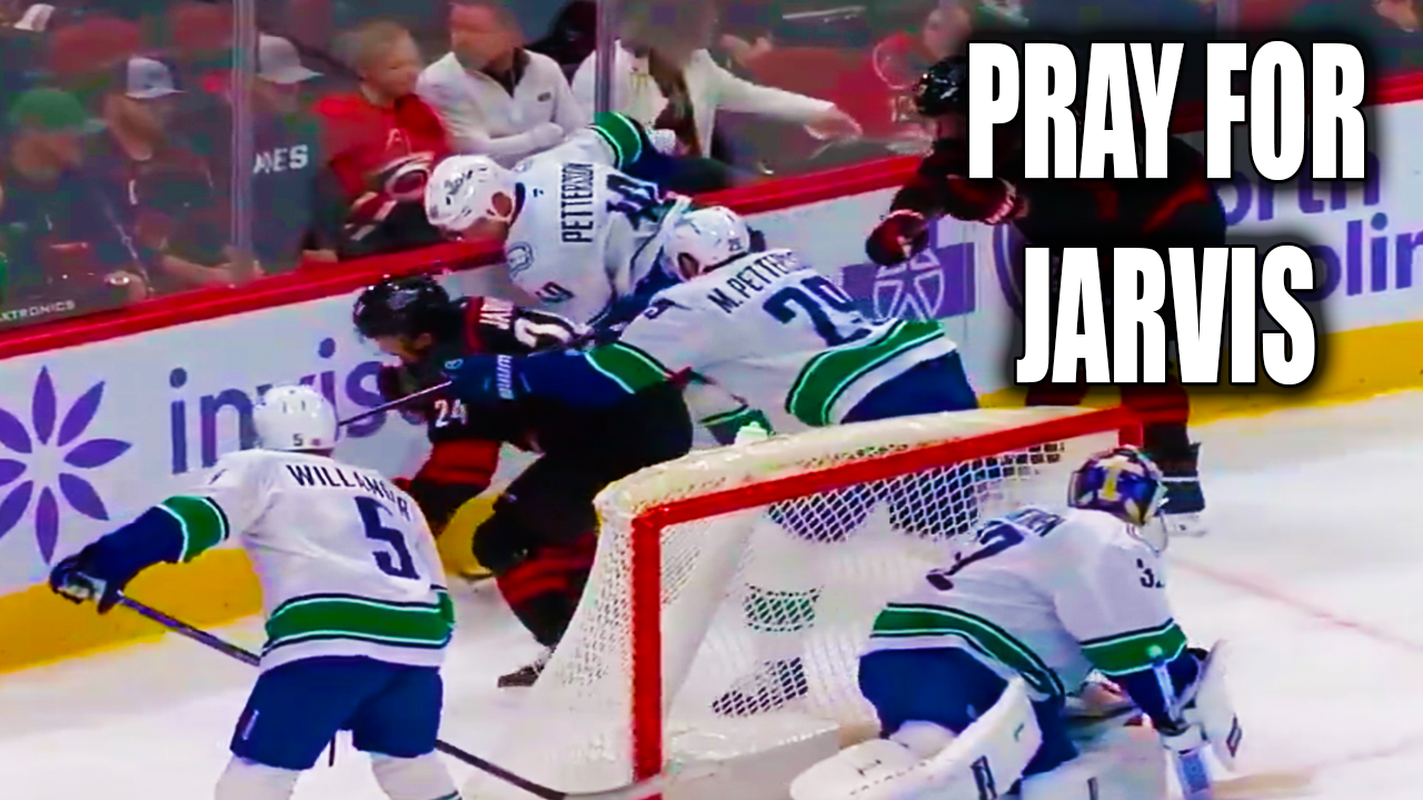 Seth Jarvis Injury leaves the game after taking a high stick from Andrei Svechnikov | Hurricanes vs Canucks 2025 Highlights