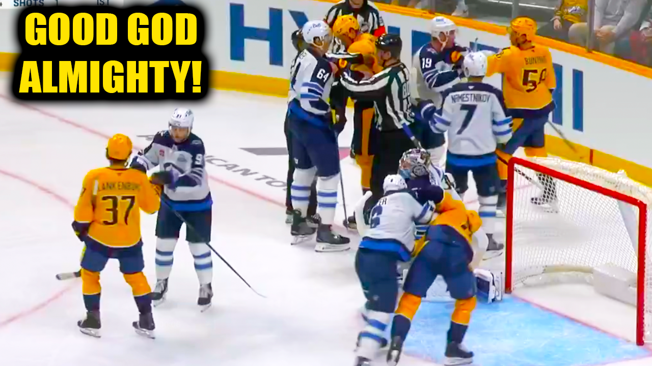 Logan Stanley Michael McCarron 1st Period Fight Scrum | Jets vs Nashville Predators 2025 Highlights