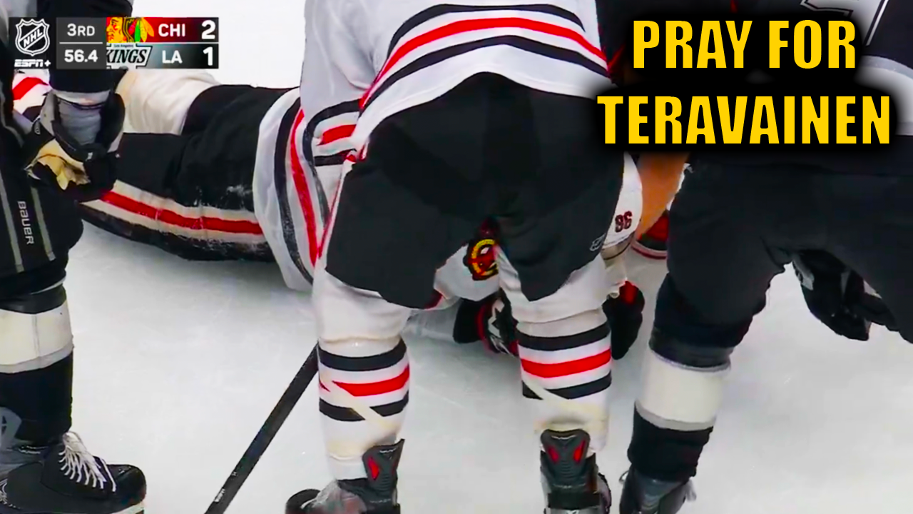 Teuvo Teravainen Injury takes a puck to the face | LA Kings vs Chicago Blackhawks 2025 Highlights